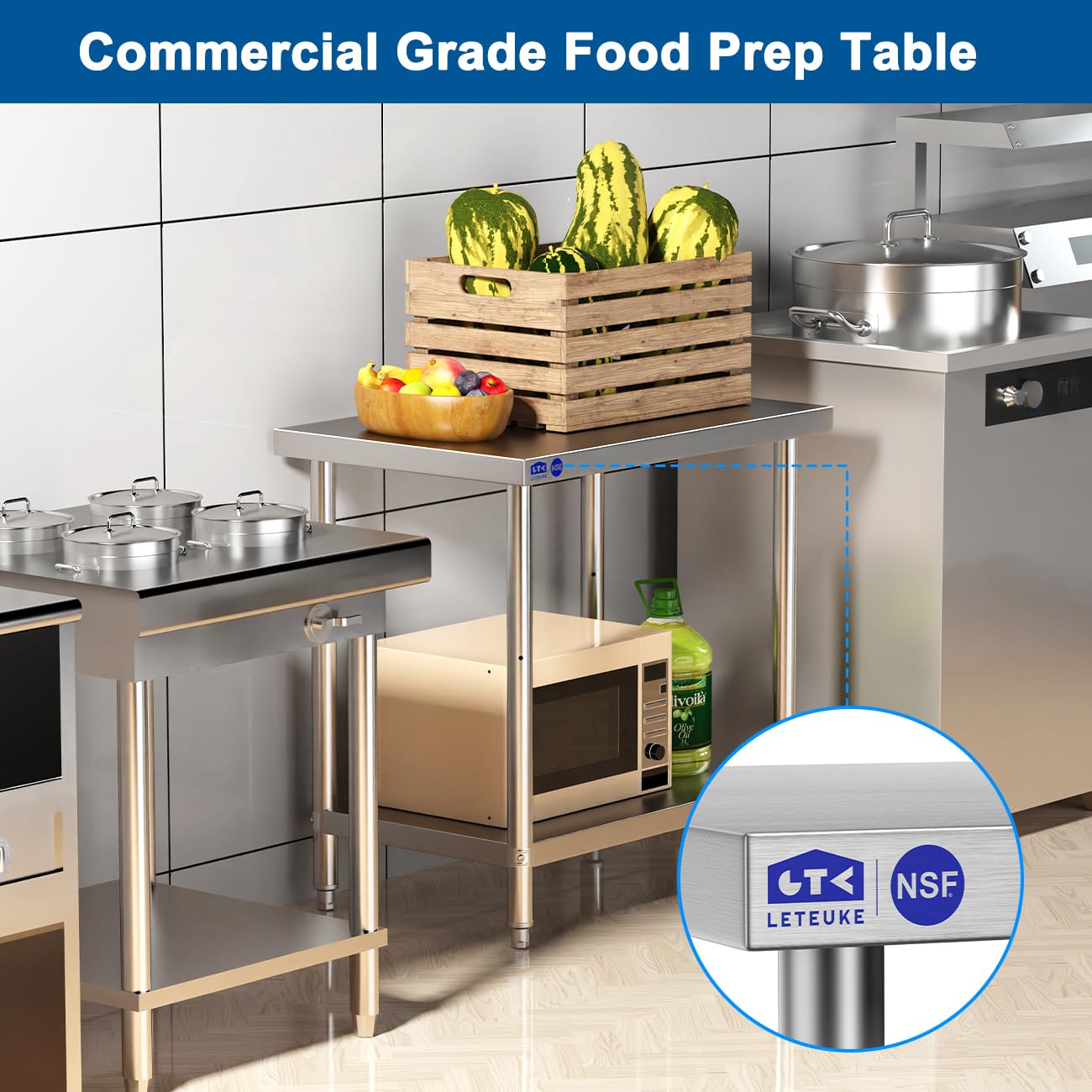 Leteuke Stainless Steel Prep Table, NSF Metal Work Table, SUS201 Commercial Heavy Duty Table with Adjustable Undershelf, Food Prep Table for Restaurant Kitchen - 36" x 24" x 34"