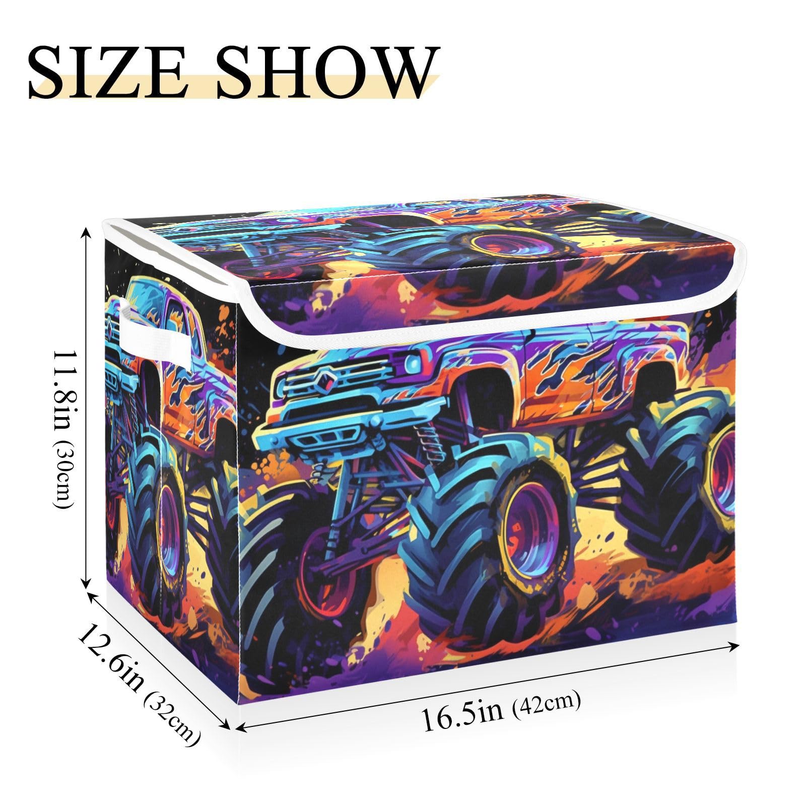 Vnurnrn Neon Monster Truck Storage Cube with Lid Collapsible, Large Capacity Foldable Storage Basket Bin Organizer 16.5×12.6×11.8 IN