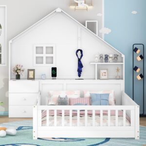 Harper & Bright Designs Full Floor Bed for Kids, Wood Montessori Floor Bed with Rails,Full House Bed with Window and Bedside Drawers,Kids Full Bed with Shelves and a Set of Sockets and USB Port,White