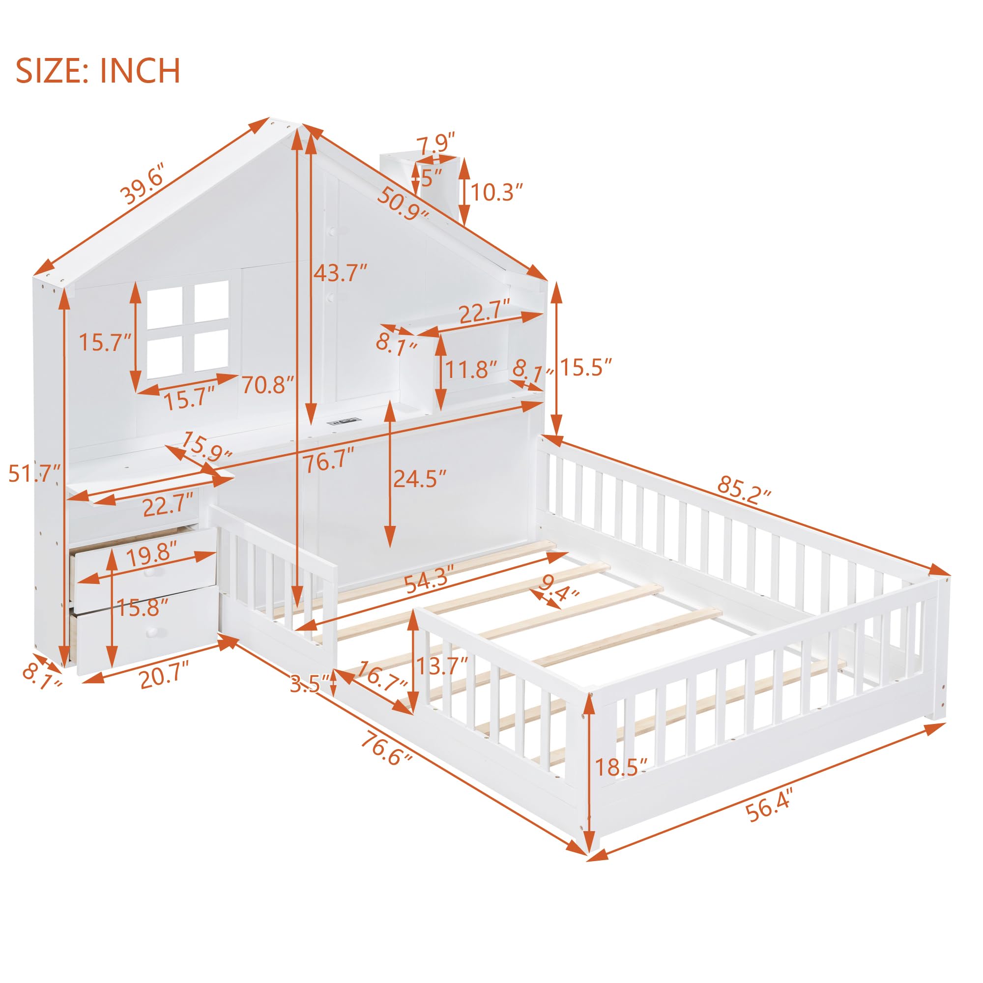 Full Size House Bed Frame for Boys Girls Kids Toddler with Window and Bedside Drawers, Platform Bed with Shelves and a Set of Sockets and USB Port, White