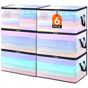 lifewit 6 pack plastic clothes storage bags, 60l foldable storage containers closet organizers and storage moving bags with sturdy zipper lids reinforced handle for bedding, blanket, comforter