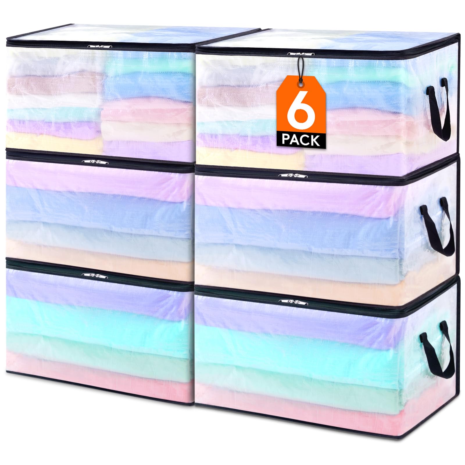 Lifewit 6 Pack Plastic Clothes Storage Bags, 60L Foldable Storage Containers Closet Organizers and Storage Moving Bags with Sturdy Zipper Lids Reinforced Handle for Bedding, Blanket, Comforter