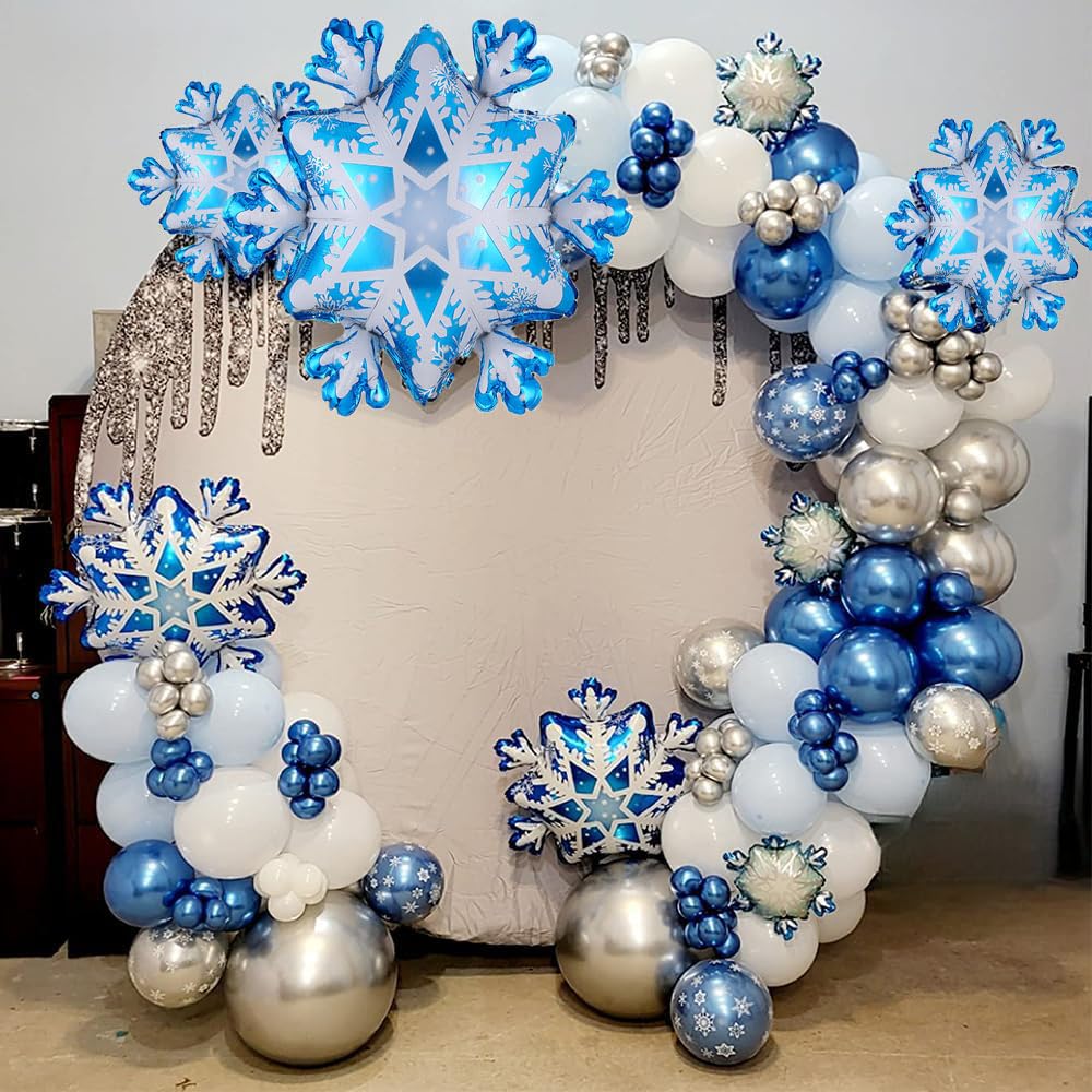 PageebO 147 pcs Snowflake Balloon Arch Kit Ice Snow Blue White Snow Confetti Balloons for Winter Wonderland Theme Party Baby Shower Party Birthday Party Decoration