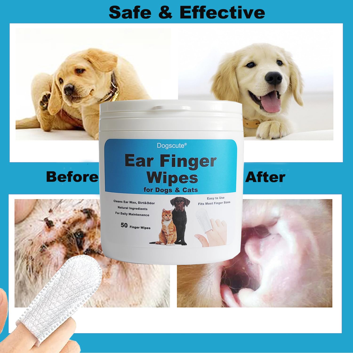 2 Pack Dog Ear Finger Wipes, Dog Ear Cleaner, Grooming Kit Care for Dogs and Cats, Soft & Easy Otic Cleaning Pads, Gently Remove Ear Wax, Dirt & Odor