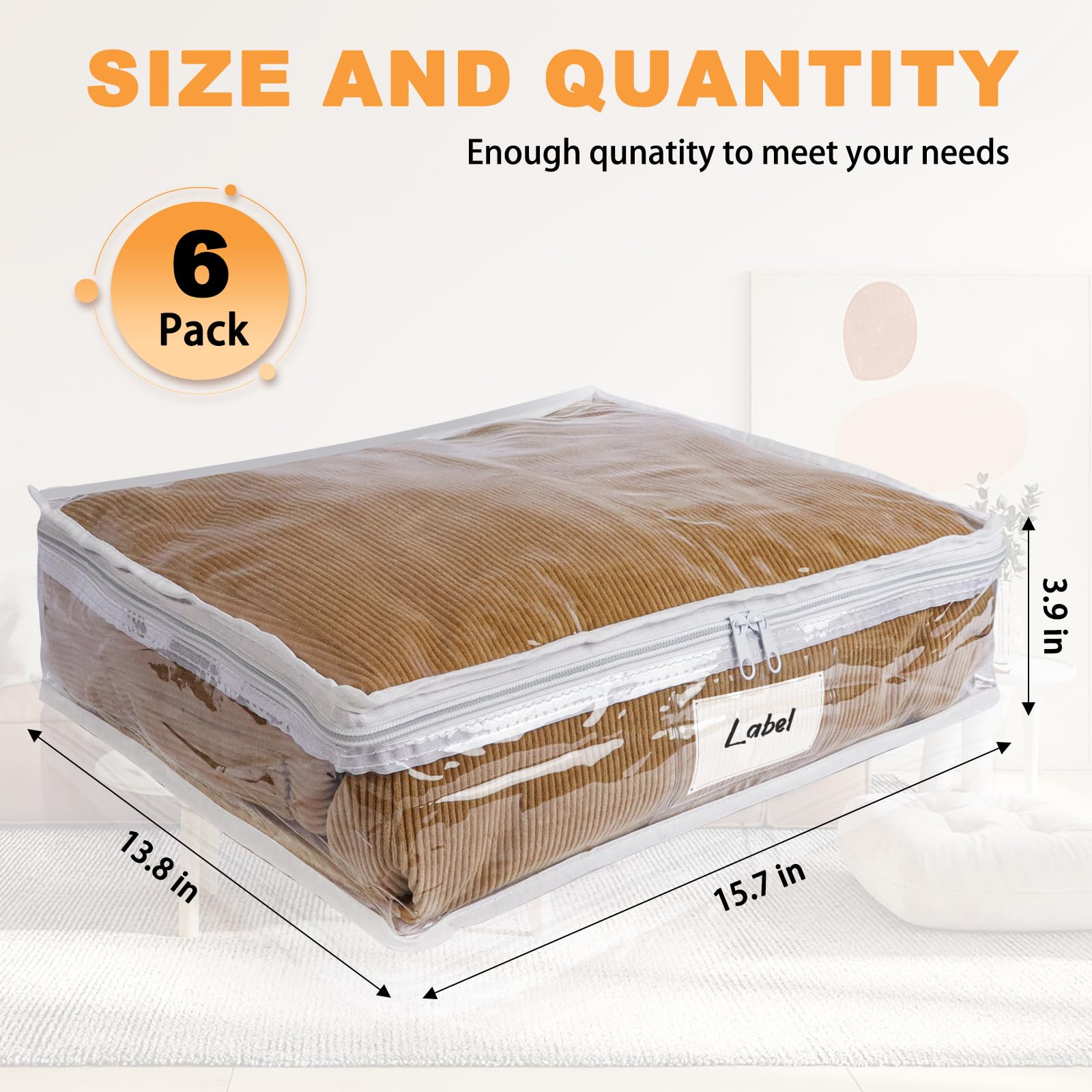 Clear Zippered Storage Bags 6 Packs Plastic Storage Bags Sweater Storage Bags with Zipper Clothing Storage Bags Organizer for Blankets Linen Bed Sheet Quilt Clothes Pillow (15.7 x 13.8 x 3.9 Inch)