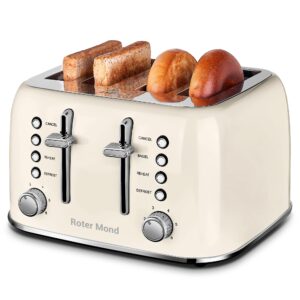 toaster 4 slice, roter mond retro stainless steel toaster with extra wide slots bagel, defrost, reheat function, dual independent control panel, removable crumb tray, 6 browning levels, cream white