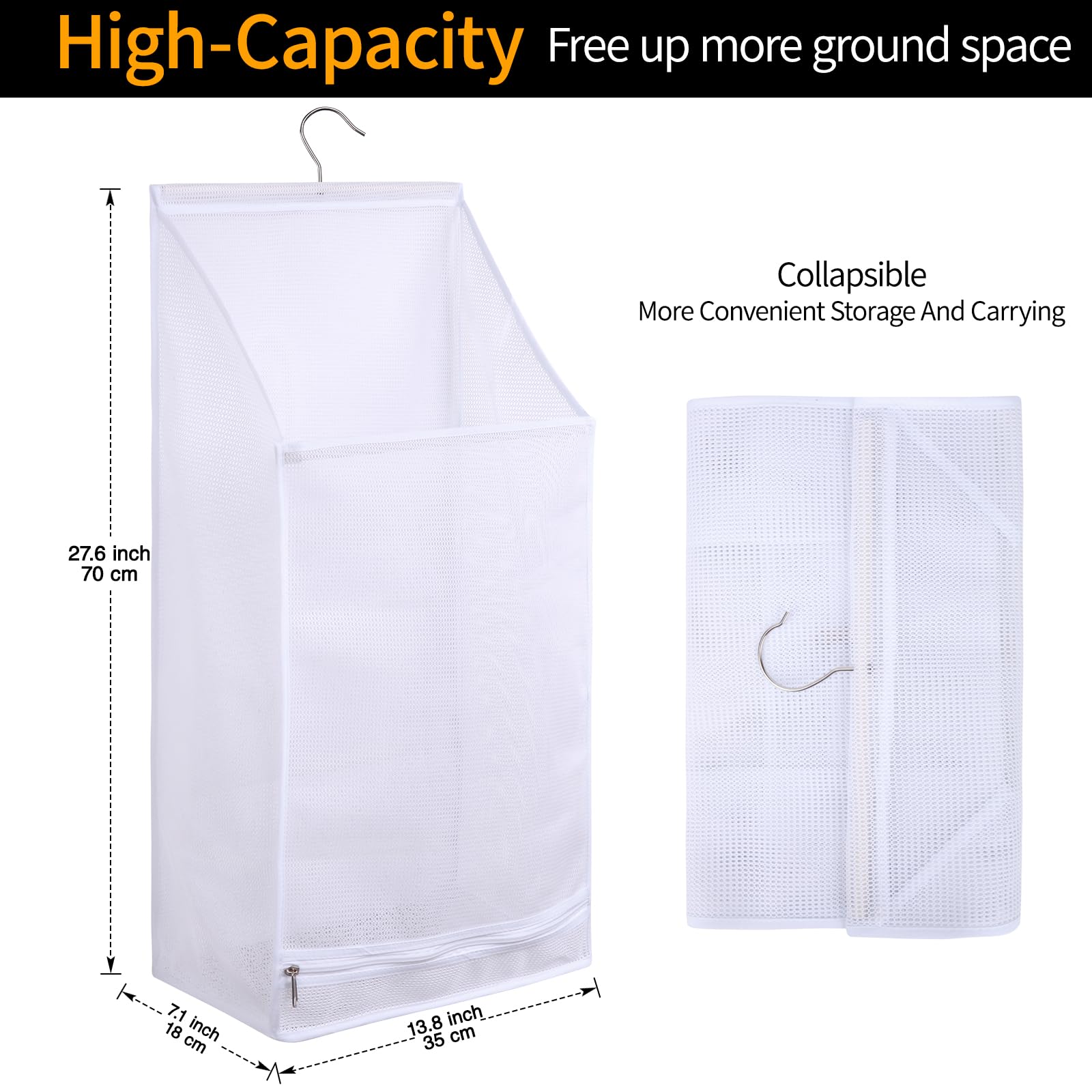 Hanging Collapsible Breathable Mesh laundry bags,Fast Drying Portable Space Saving Laundry Hamper for dorm,Rv Laundry Hamper Storage (White)