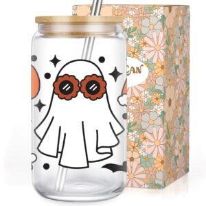 leado ghost pumpkin halloween cups, iced coffee cup with lid and straw, 16 oz fall aesthetic tumbler - halloween gifts for women, spooky fall gifts, halloween boo basket gifts for her, friends