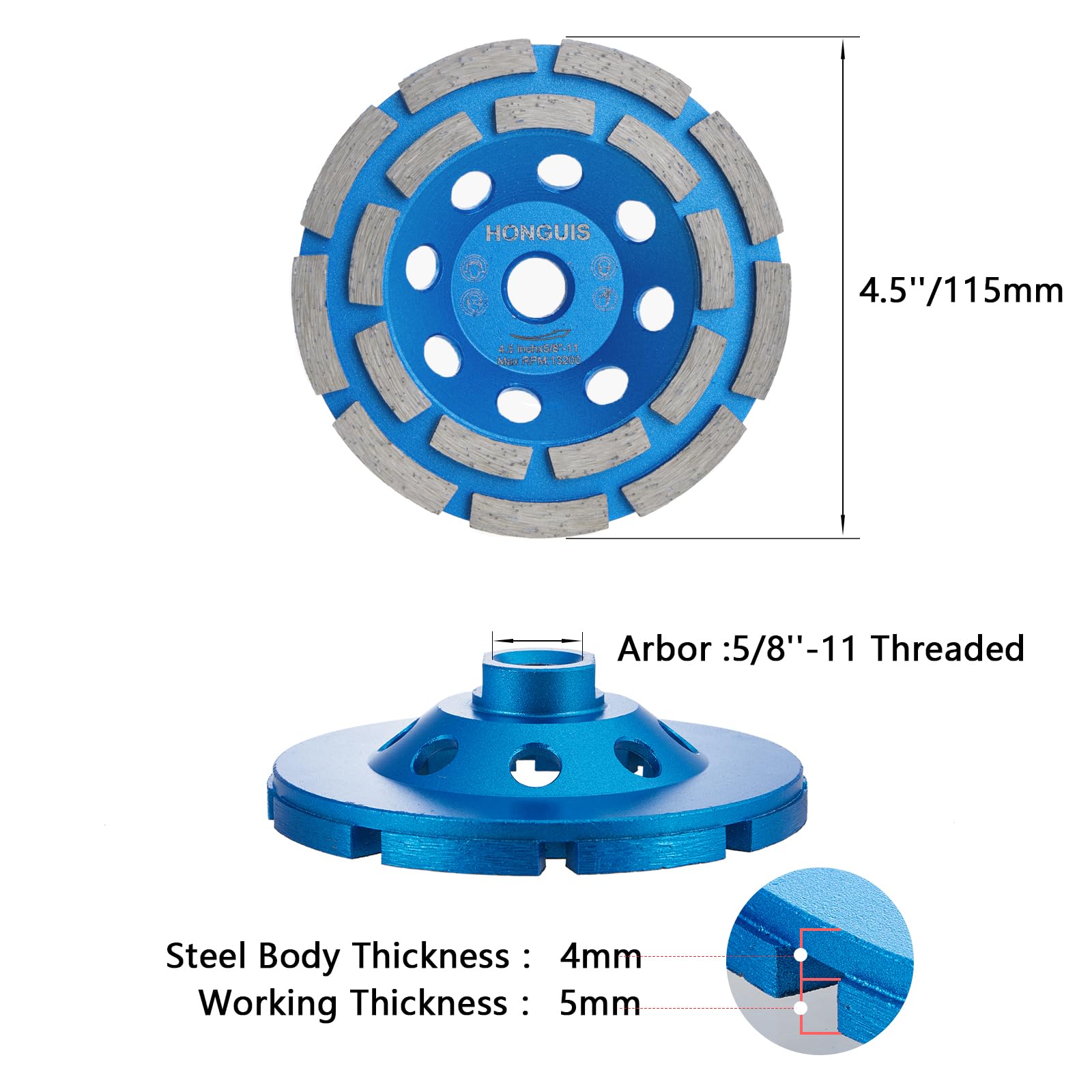 HONGUIS 4 1/2 inch Concrete Grinding Wheel,5/8"-11 Arbor Diamond Cup Grinding Wheel Double Row for Granite Marble Concrete Masonry Stone