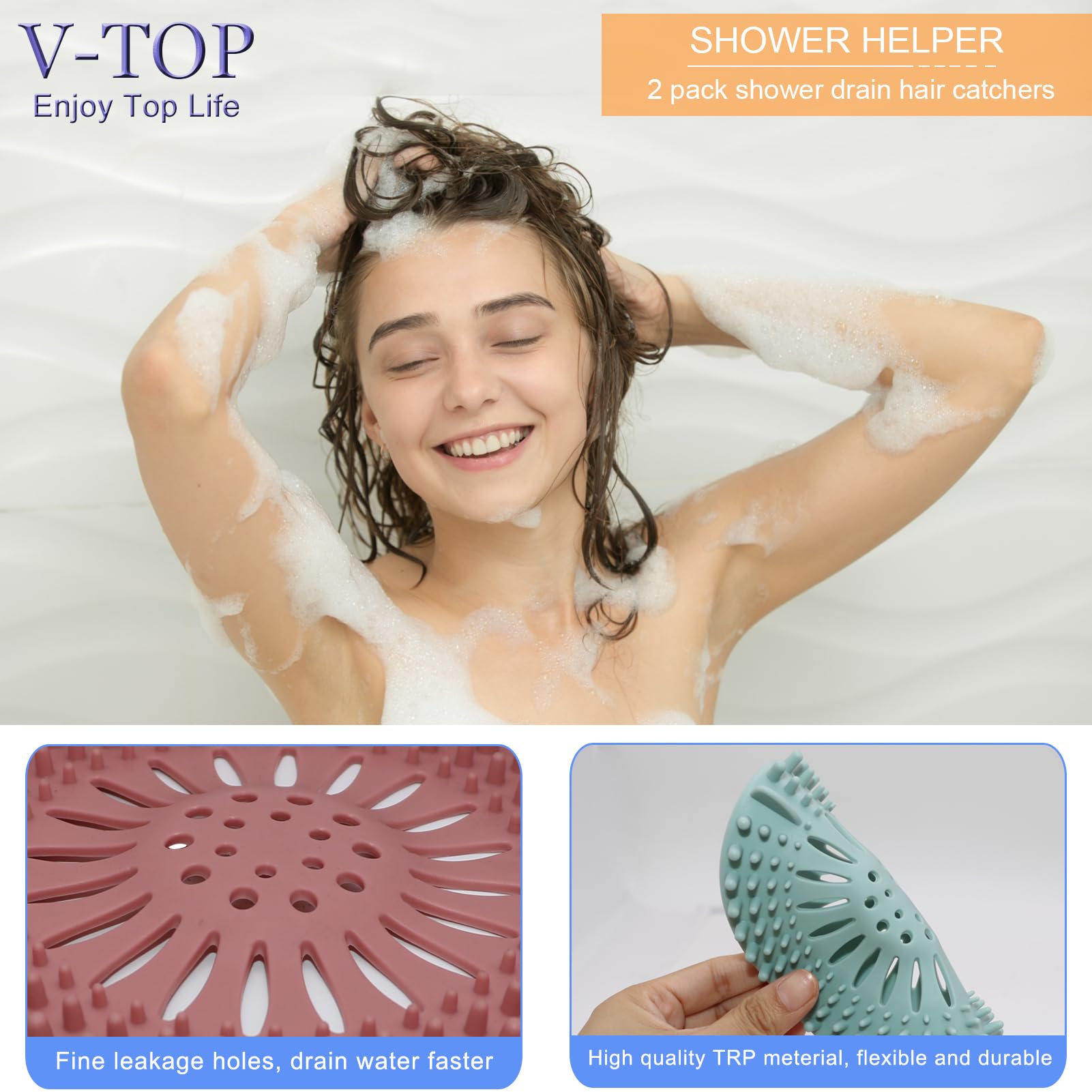 Shower Drain Hair Catcher Tub Stopper, V-TOP Drain Cover for Shower to Catcher Hair, Silicone Bathtub Drain Plug Suit for Bathroom Kitchen and Laundry, 4 Pack