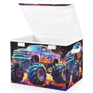 Vnurnrn Neon Monster Truck Storage Cube with Lid Collapsible, Large Capacity Foldable Storage Basket Bin Organizer 16.5×12.6×11.8 IN