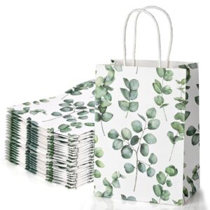 24 Pack Eucalyptus Paper Gift Bags with Handles Greenery Watercolor Green Leaf Paper Gift Bags Bulk Candy Goodie Treat Bags for Spring Wedding Birthday Baby Shower Party Favor Supplies