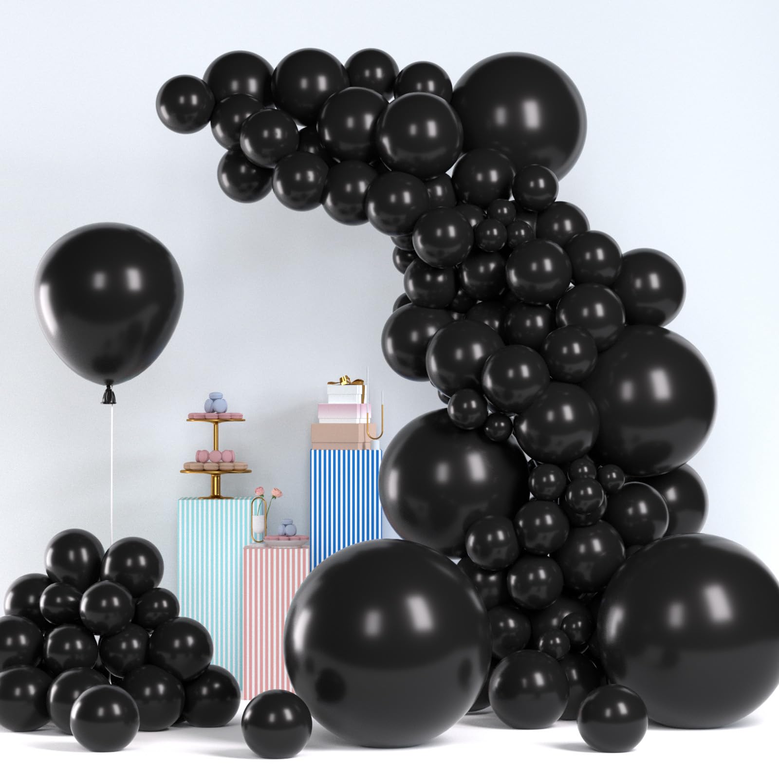 OWPFJG 156pcs Black Balloons Different Sizes 36 18 12 10 5 Inch for Garland Arch,Black latex Balloons for Birthday Graduation Wedding Hoiday Party Decoration(2 Black Ribbons)