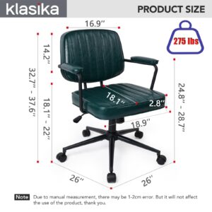 KLASIKA Mid Century Office Chair Retro Leather Desk Chair with Arms Swivel Vintage Chair Adjustable Seat Height & Backrest for Home Office Computer, Green