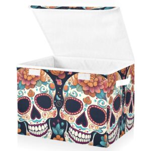 Vnurnrn Storage Cube with Lid Collapsible Flower Day Dead Skull Print, Large Capacity Foldable Storage Basket Bin Organizer 16.5×12.6×11.8 IN