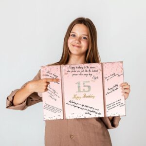 Crenics Rose Gold 15th Birthday Decorations, Creative 15th Birthday Guest Book Alternative, Large 15th Birthday Signature Book 12" x 18", Great 15 Years Old Birthday Gifts for Girls