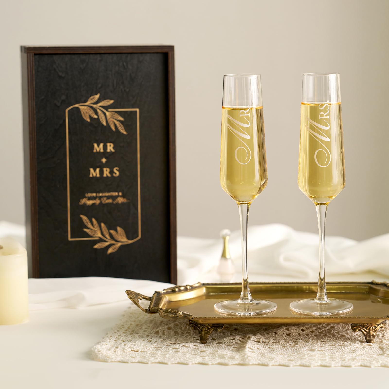 AW BRIDAL Wedding Champagne Flutes Set with Wood Memory Box, Crystal Champagne Flutes for Mr and Mrs Wedding Gift Bridal Shower Gift Anniversary Engagement Gift Valentines Day Gifts for Couple