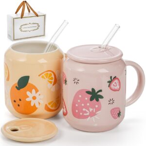 noamus 2 pack cute ceramic mugs with lid and straw, 13 oz fruits pattern coffee cup with handle, handmade strawberry orange tea cup for office home, hot ice water chocolate milk, women gift