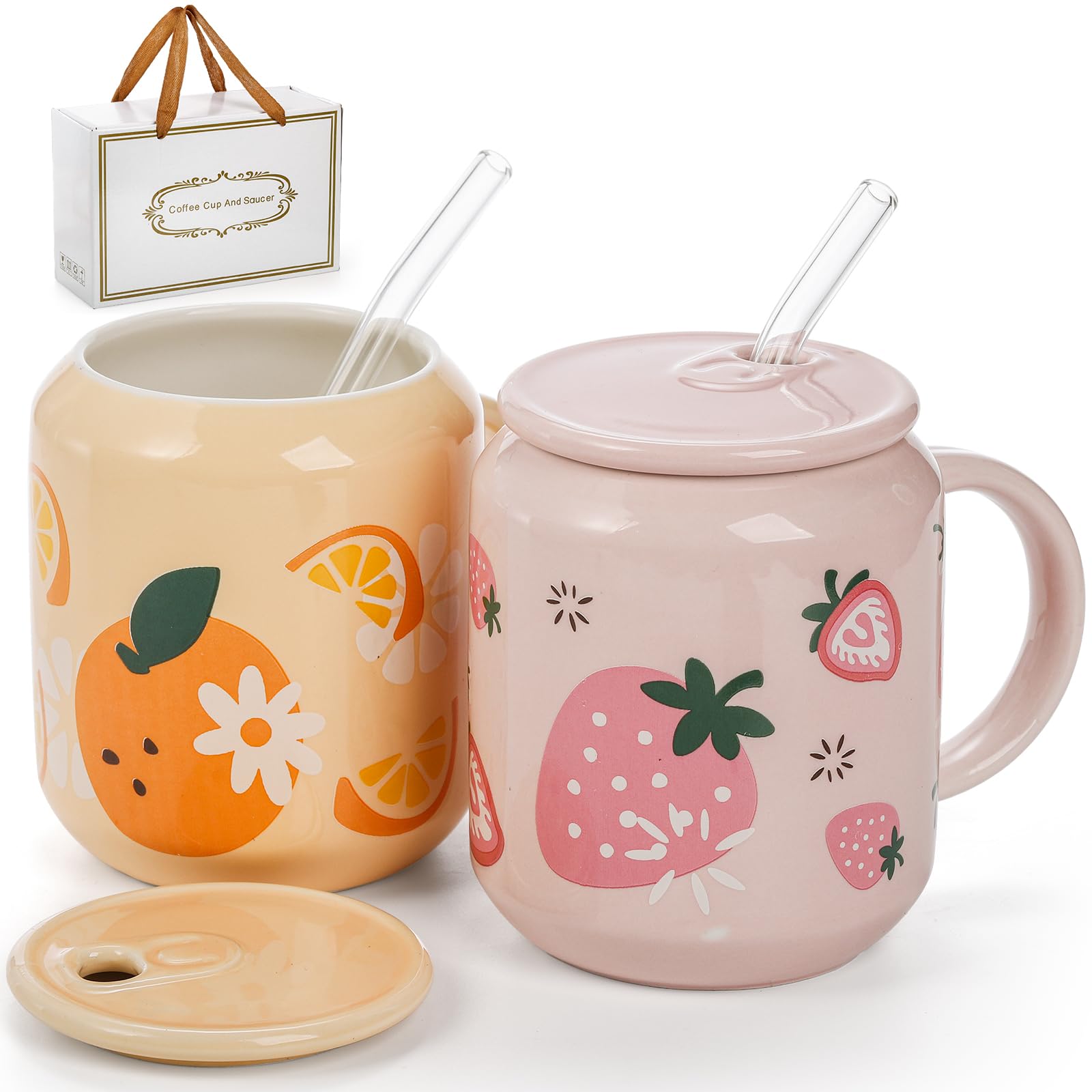 Noamus 2 Pack Cute Ceramic Mugs with Lid and Straw, 13 Oz Fruits Pattern Coffee Cup with Handle, Handmade Strawberry Orange Tea Cup for Office Home, Hot Ice Water Chocolate Milk, Women Gift