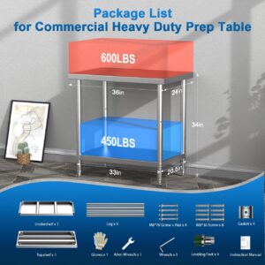 Leteuke Stainless Steel Prep Table, NSF Metal Work Table, SUS201 Commercial Heavy Duty Table with Adjustable Undershelf, Food Prep Table for Restaurant Kitchen - 36" x 24" x 34"