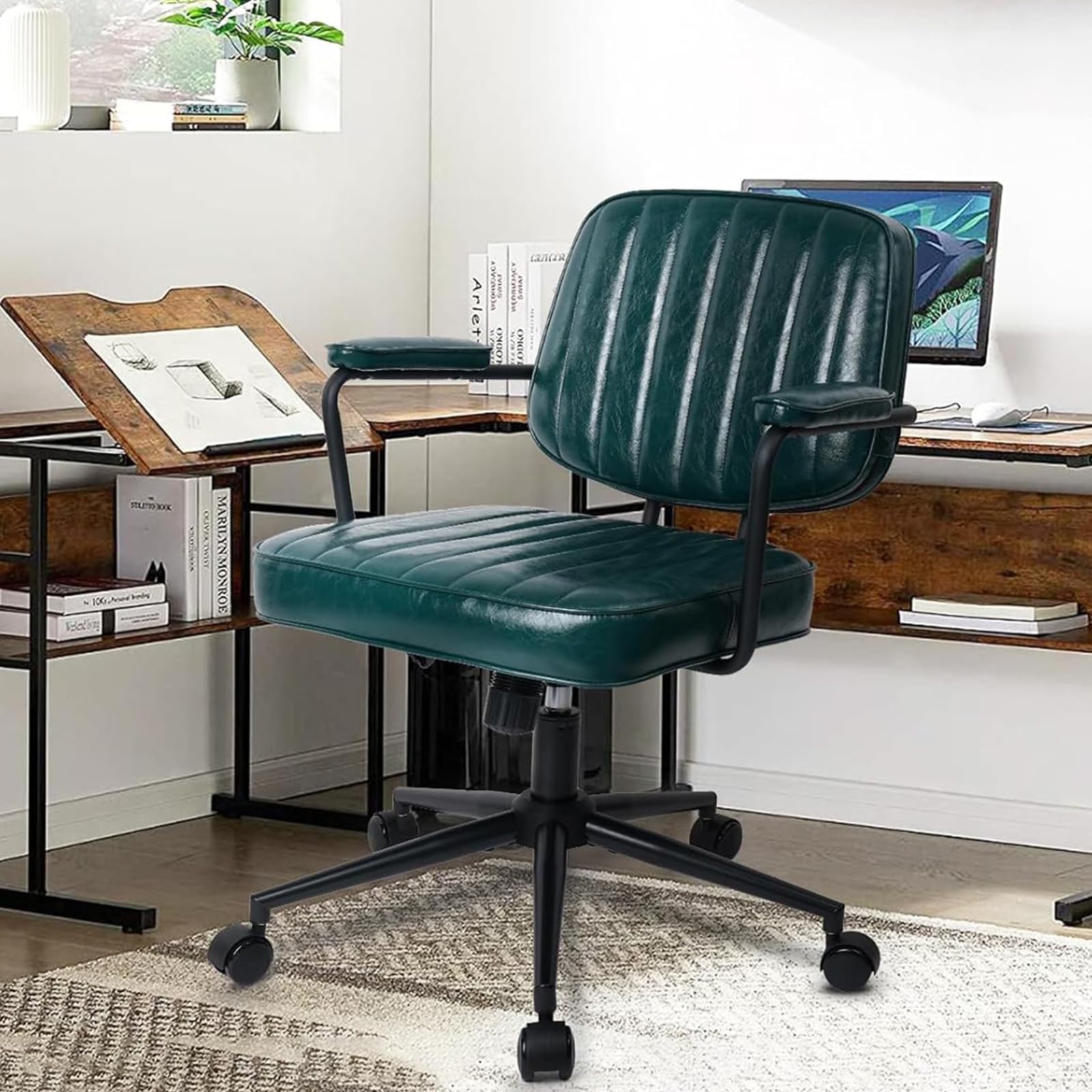 KLASIKA Mid Century Office Chair Retro Leather Desk Chair with Arms Swivel Vintage Chair Adjustable Seat Height & Backrest for Home Office Computer, Green