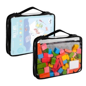 partreko 2 packs clear pvc zippered blocks set, waterproof toy storage organizer with mesh pocket and label, traveling toy bags with handle for board games, building blocks, toys, large