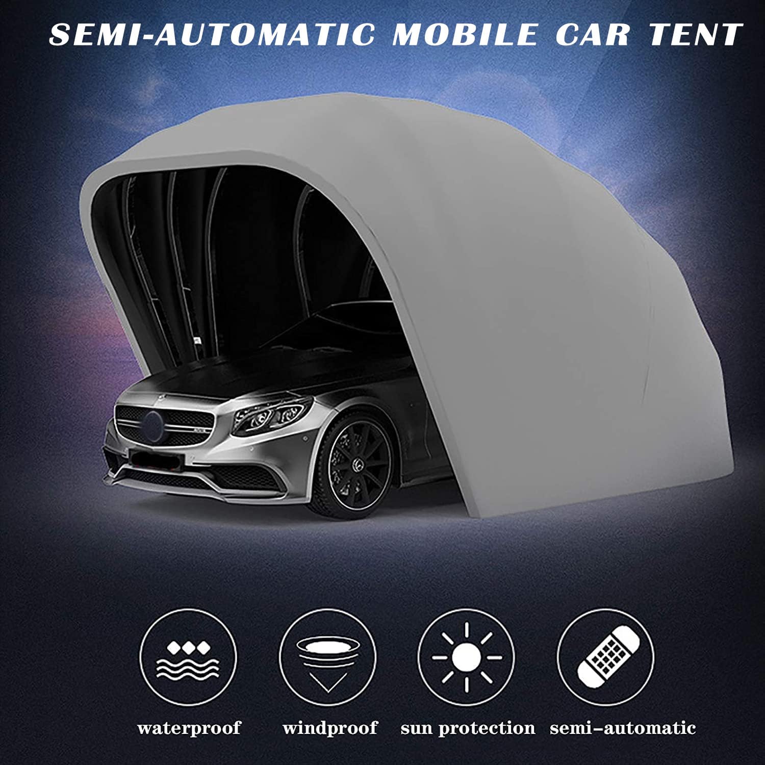 Folding Mobile Carport, Portable Stainless Steel Car Tent, Semi-Automatic Simple Outdoor Garage Car Cover, Durable Rainproof Awning, for Cars/Sedans, Grey