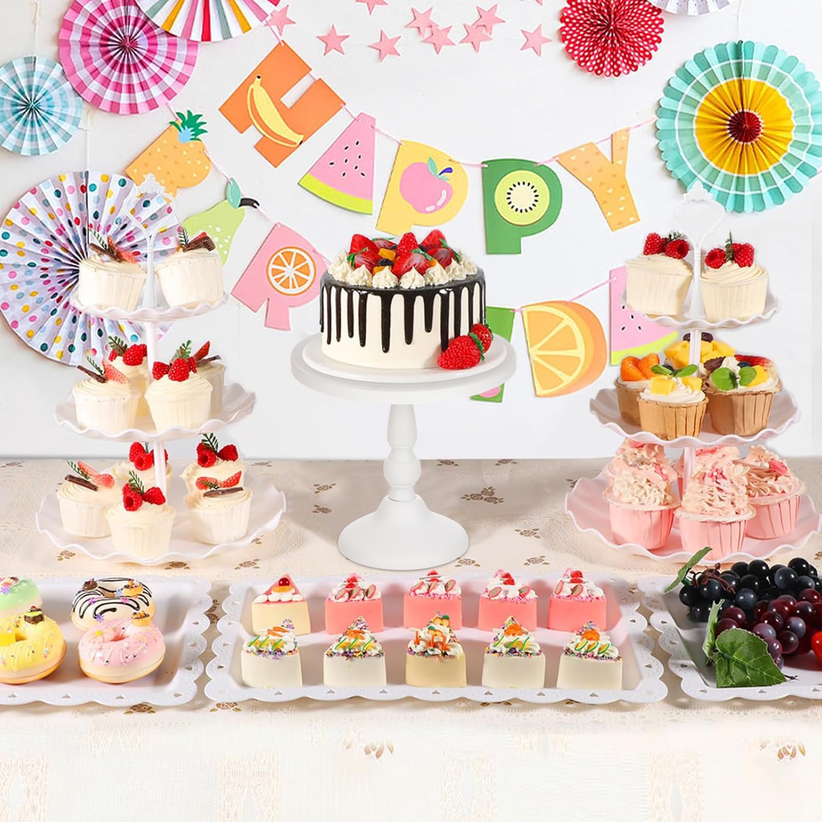 7 Pcs Dessert Table Stand Set 2 Pcs 3-Tier Plastic Cupcake Stands 1 Pc Metal White Cake Stand for Party Cookie Tray Rack Serving Tray Display Tower and 4 Pc Dessert Tray for Wedding Baby Shower