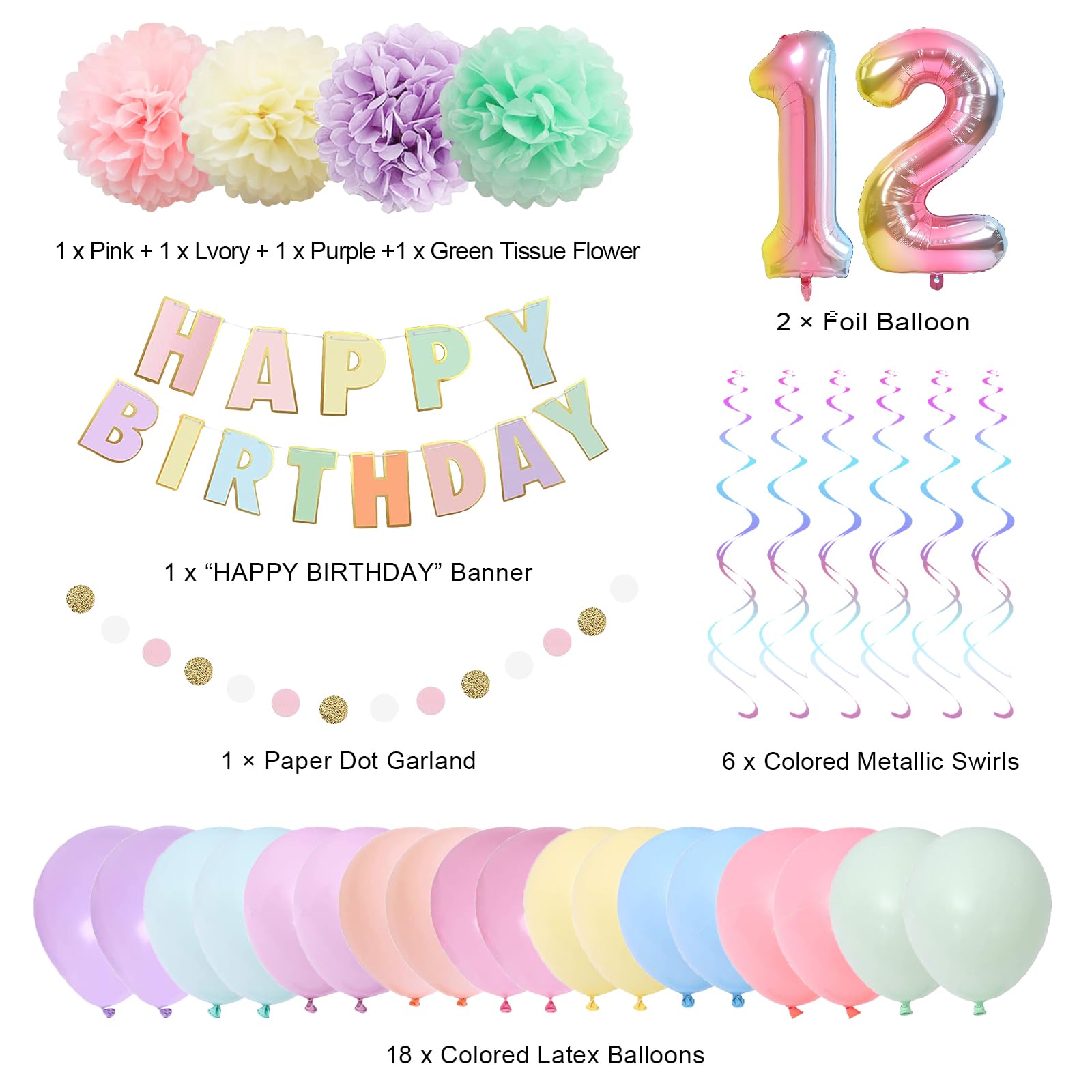 BRT Bearingshui 12th Birthday Decorations, 40 Inch Rainbow Gradient Number 12 Balloon, 12th Birthday Balloon, Happy Birthday Banner, Children’s 12th Birthday Party Supplies for Kids