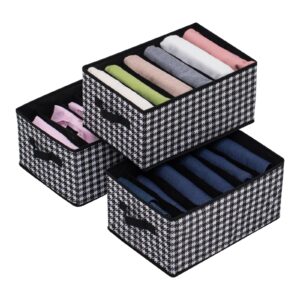 MYTHAUS 3 Pack Large Wardrobe Clothes Organizer, 6 Grid Closet Organizer for Jeans, Pants, T-Shirts, Underwear, Scarf, Foldable Fabric Drawer Organizer Storage Bin with Dual Handles, Black and White