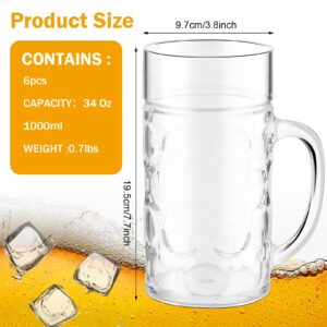 Suclain 6 Pcs Clear Plastic Beer Mugs with Handles 34 oz Large Dimpled Beer Cups Clear Plastic Beer Glasses Reusable Classic Plastic Coffee Mugs with Handles for Beer Whiskey Juice Coffee Tea Cocktail