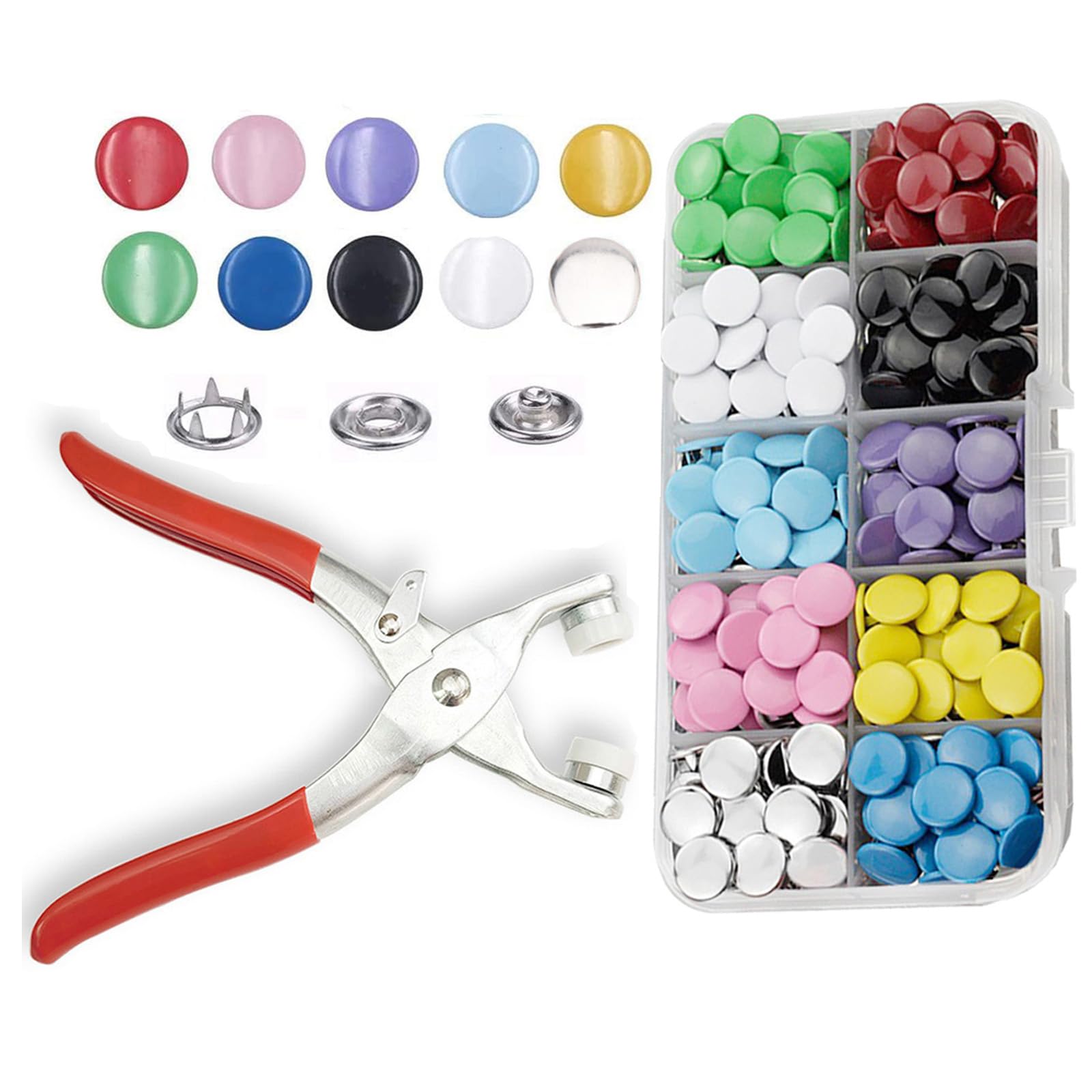 Minestylish 100 Sets Metal Snaps Buttons with Fastener Pliers Press Tool Kit Perfect for DIY Crafts Clothes Hats and Sewing, Snap Button Fasteners Kit for Clothing(Colorful / 400 PCS)