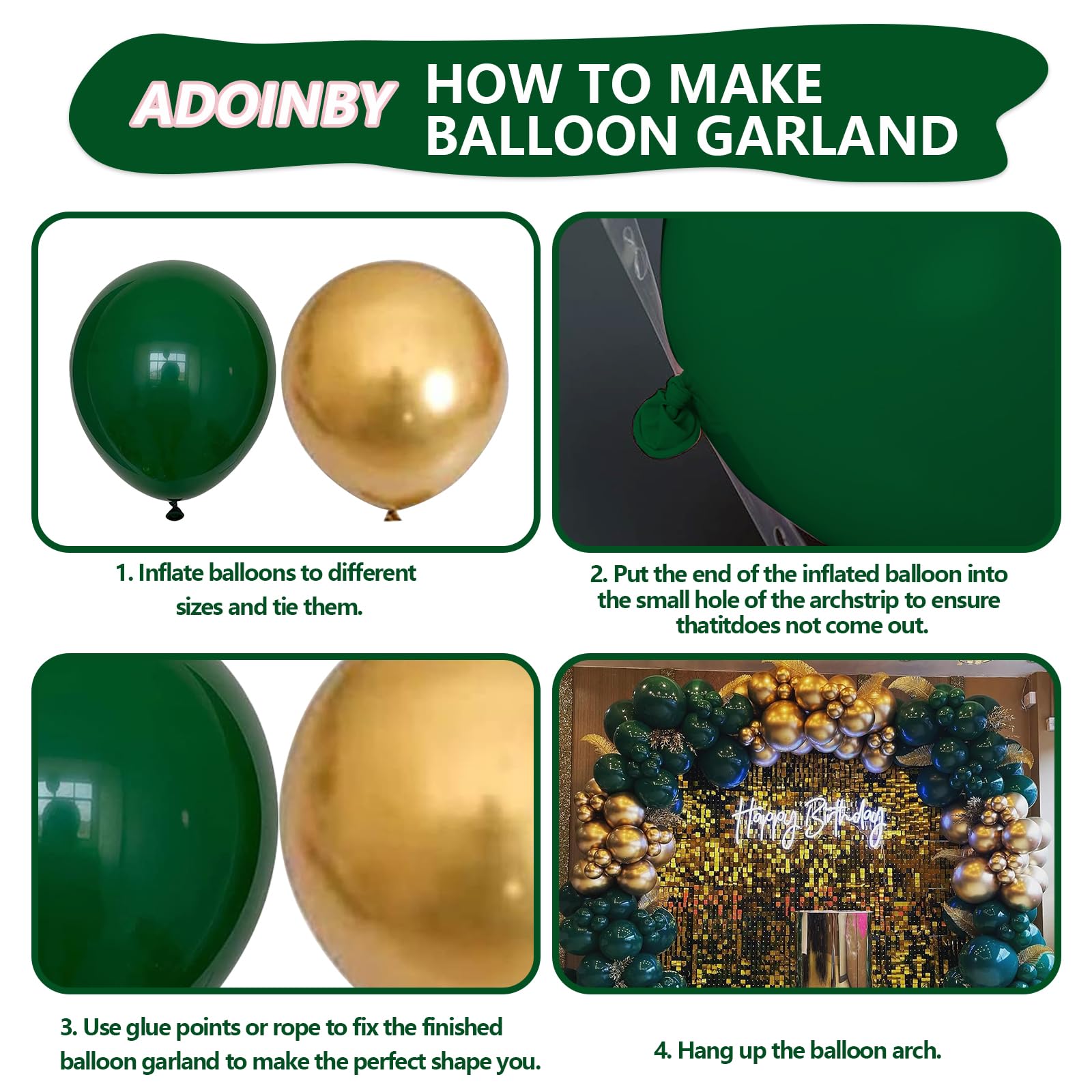 ADOINBY Green and Gold Balloon Arch Kit, 140Pcs Emerald Forest Hunter Dark Green Metallic Gold Balloon Garland Kit for Wedding, Engagements, Birthday, Baby Shower, Anniversary Party Decorations