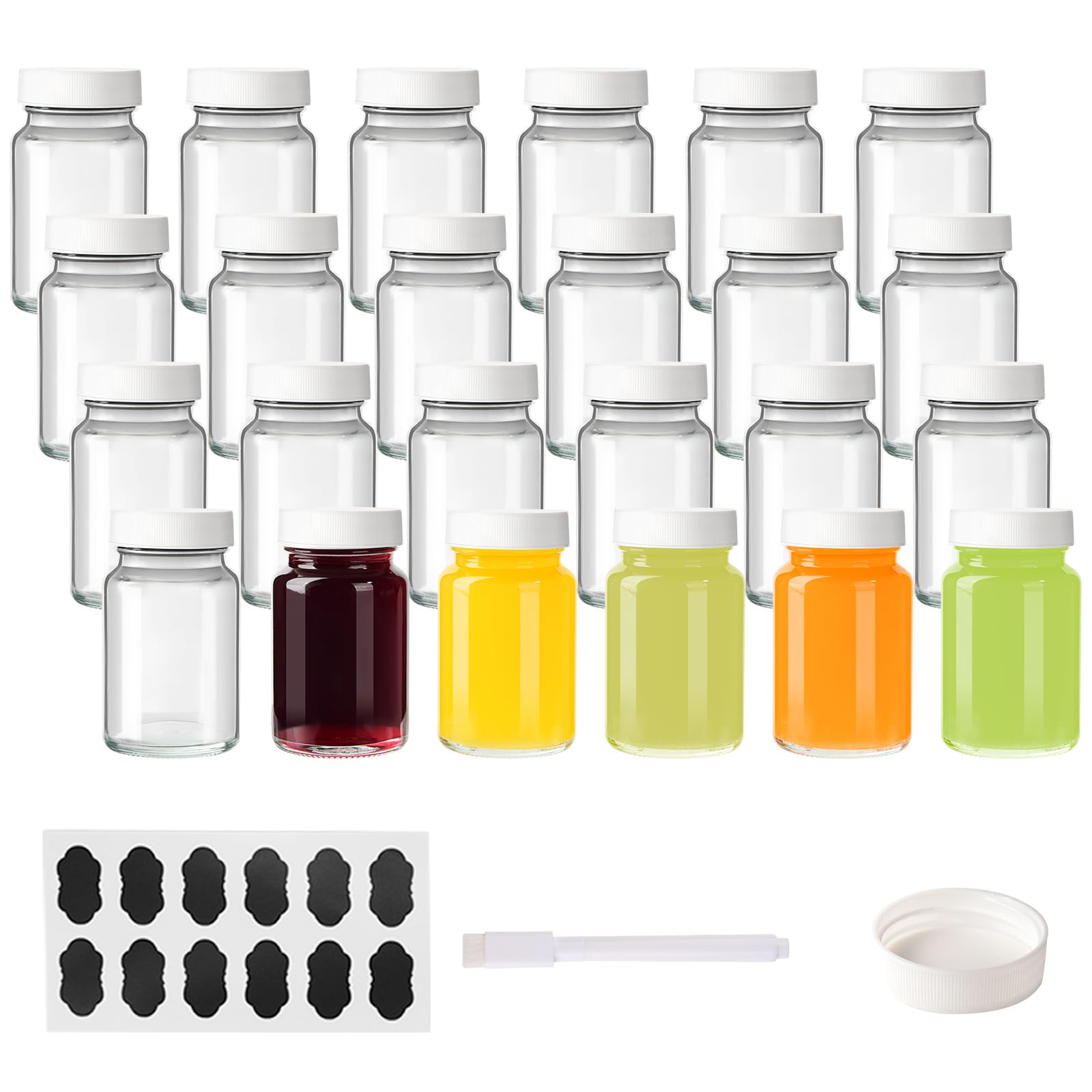 BPFY 24 Pack 2 oz Reusable Small Glass Bottles with Lids, Wellness Shots Bottles for Juicing, Ginger, Mini Glass Jars with Caps, Label, Pen