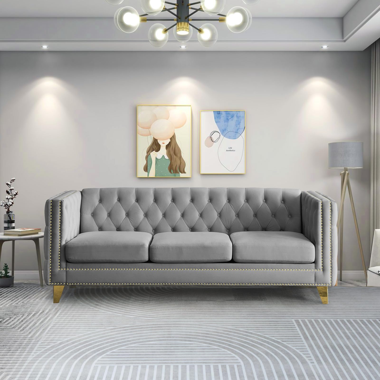 Velvet 3 Seater Sofa Couch, Comfy Couches for Living Room, Modern Sofa with Tufted Back and Rivet Decoration, Upholstered Long Couch with Solid Golden Metal Tapered Legs, Grey