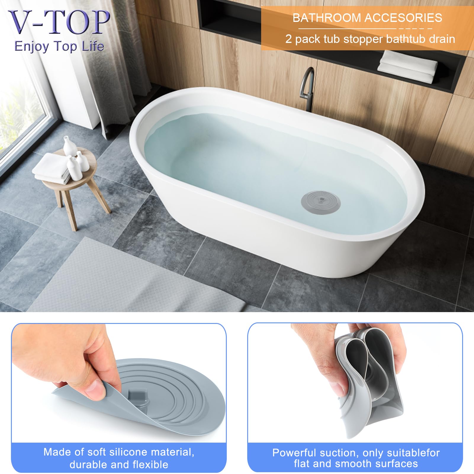 Shower Drain Hair Catcher Tub Stopper, V-TOP Drain Cover for Shower to Catcher Hair, Silicone Bathtub Drain Plug Suit for Bathroom Kitchen and Laundry, 4 Pack