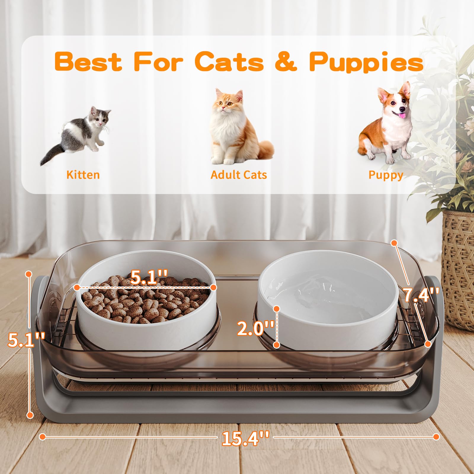 Oneluck Elevated Cat Bowl, Raised Ceramic Cat Dish,100% Waterproof Cat and Dog Bowls,15° Tilted Raised Stand Slip Resistant Raised Edges, Catch Water, Food Mess, No Spills,