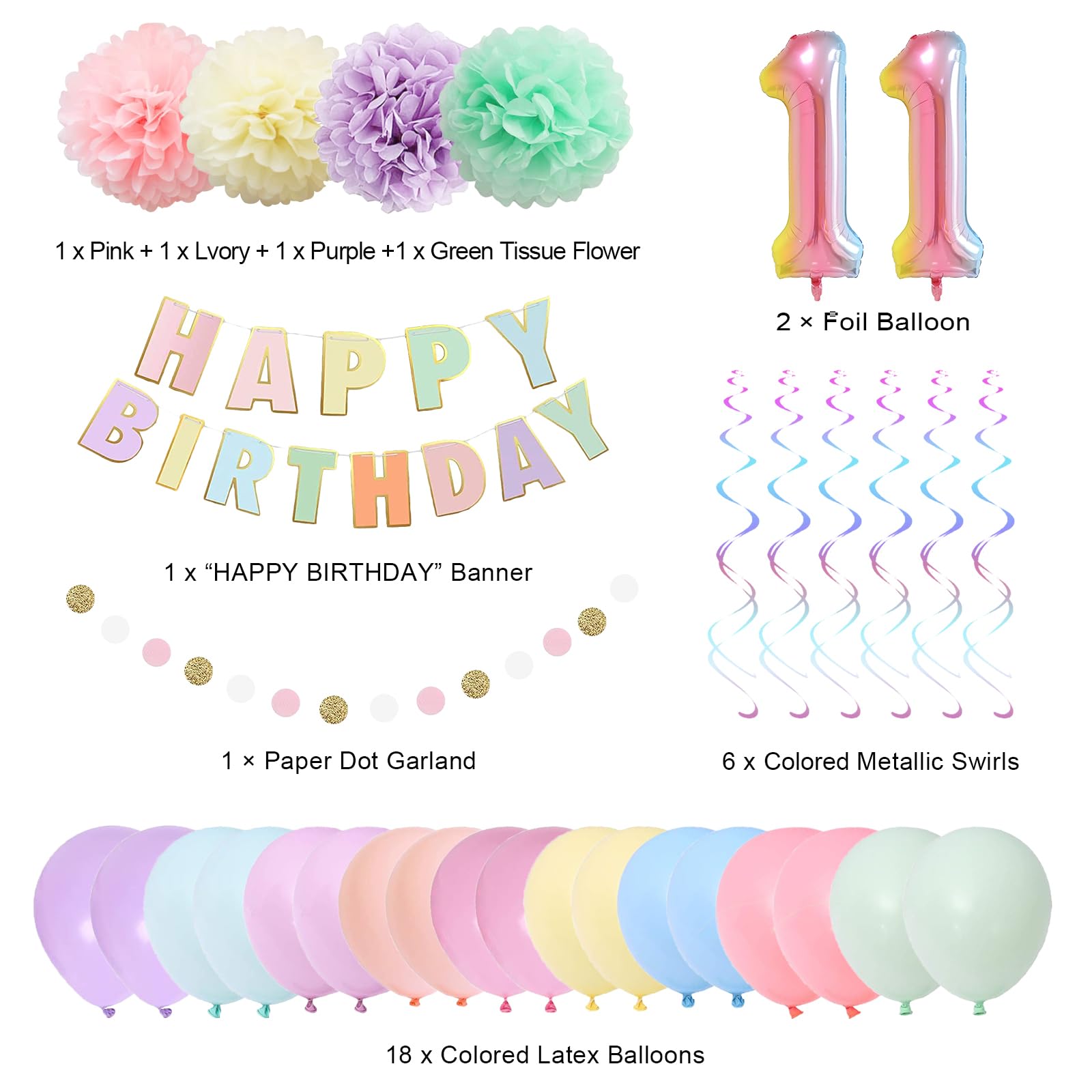 BRT Bearingshui 11th Birthday Decorations, 40 Inch Rainbow Gradient Number 11 Balloon, 11th Birthday Balloon, Happy Birthday Banner, Children’s 11th Birthday Party Supplies for Kids