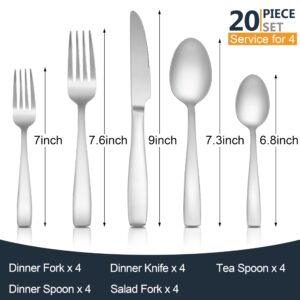 E-far Matte Silverware Set for 4, 20 Pieces Stainless Steel Flatware Eating Utensils Set for Home Kitchen Restaurant, Metal Forks Spoons and Knives with Square Handle, Dishwasher Safe