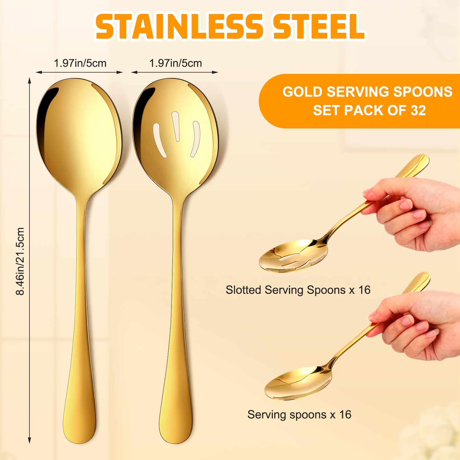 Tioncy 32 Pcs Gold Serving Spoon Gold Serving Utensils Set 8.5 x 2 Inches Stainless Steel Cutlery Includes Large Metal Slotted Spoons for Buffet Party Banquet Cooking Kitchen