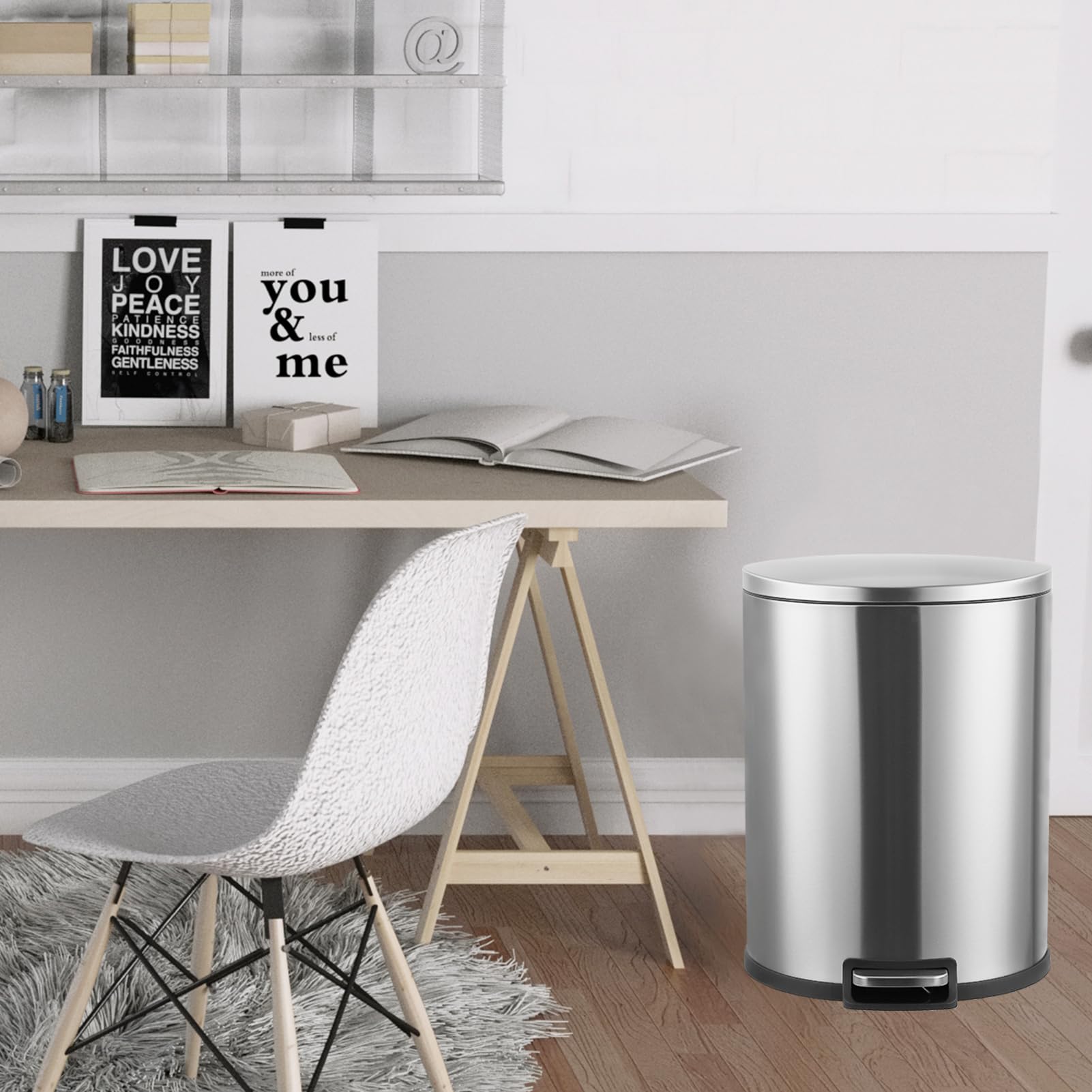 Stainless Steel 50 Liter / 13 Gallon Trash Can, Semi-Circular Steel Pedal Recycle Bin with Lid and Inner Buckets, Hands-Free Kitchen Garbage Can