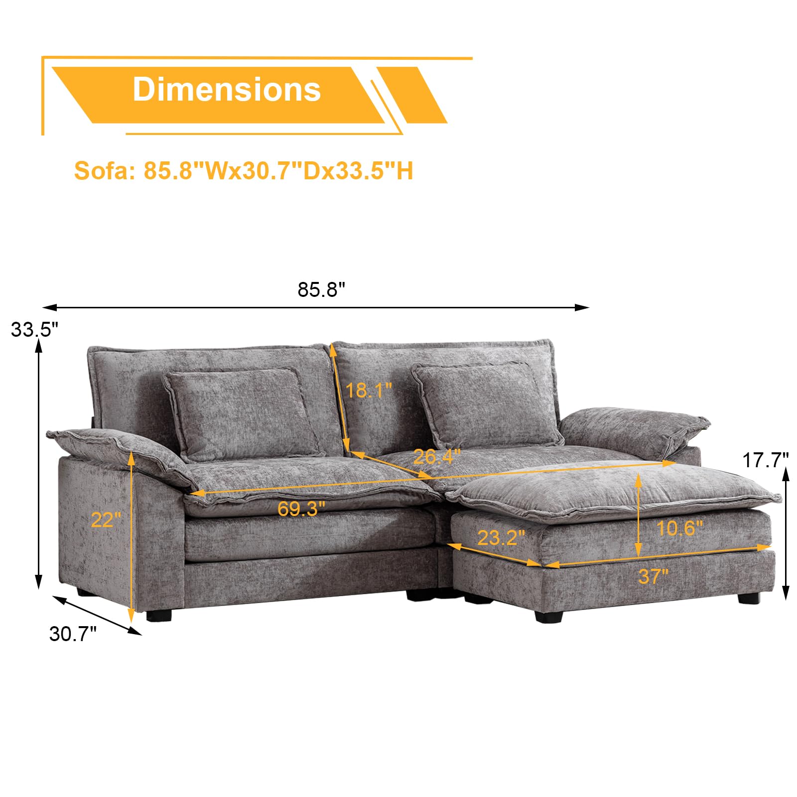 85.8" Modern Sectional Couch Sofas for Living Room, Chenille Fabric Double-Upholstered Comfy Sleeper Sofa, Wide Loveseat Couches with Chaise for Bedroom, Apartment, Office (Light Grey)