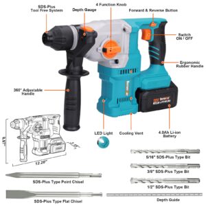 Berserker 20V Cordless 1-1/8" Rotary Hammer Drill SDS-Plus Brushless Motor with Safety Clutch, 4.0Ah Lithium-Ion Battery Powered, 3.0A Fast Charger, 4 Modes Variable Speed Rotomartillo for Concrete