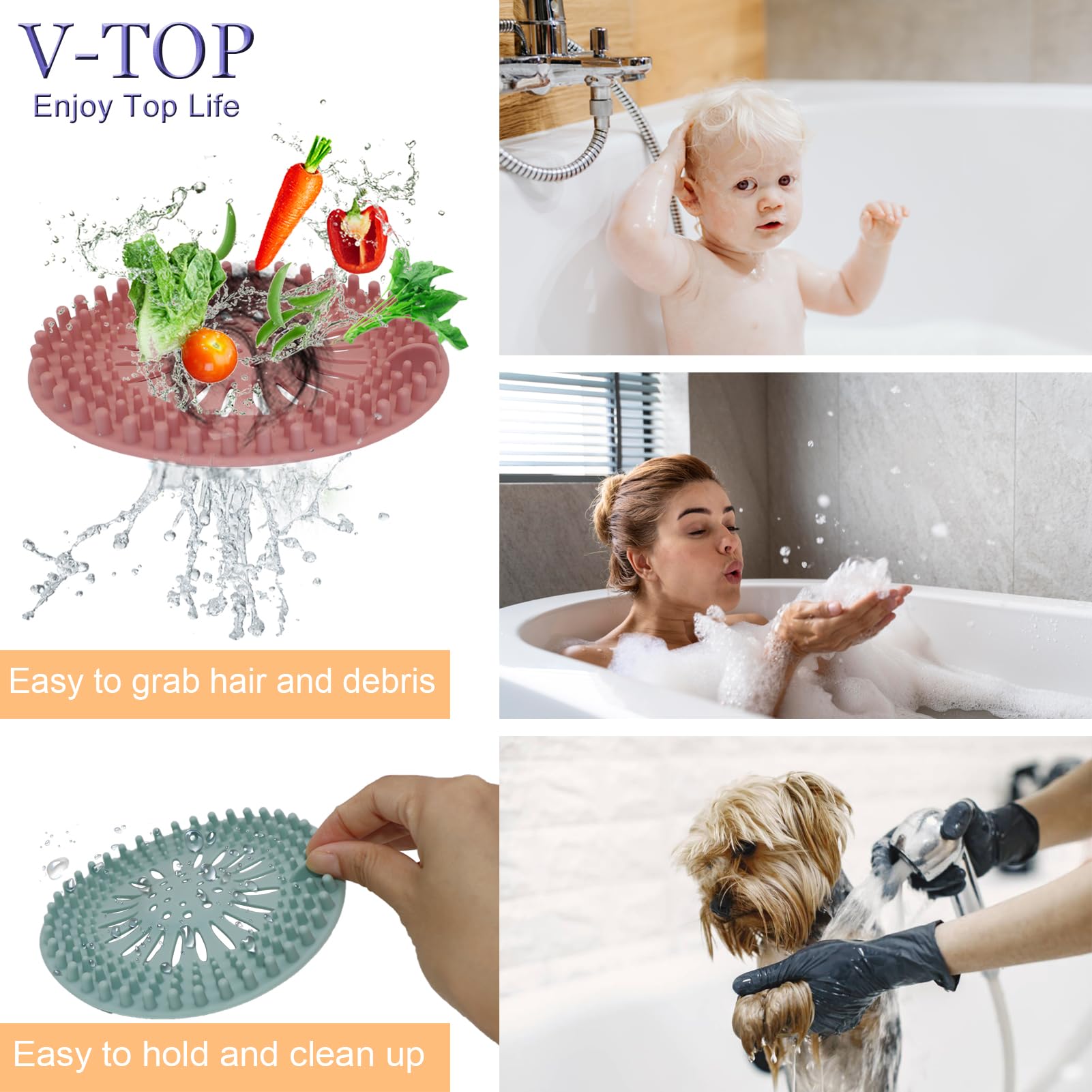 Shower Drain Hair Catcher Tub Stopper, V-TOP Drain Cover for Shower to Catcher Hair, Silicone Bathtub Drain Plug Suit for Bathroom Kitchen and Laundry, 4 Pack