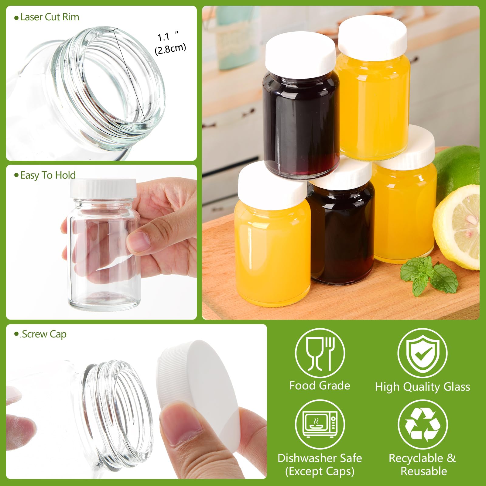 BPFY 24 Pack 2 oz Reusable Small Glass Bottles with Lids, Wellness Shots Bottles for Juicing, Ginger, Mini Glass Jars with Caps, Label, Pen