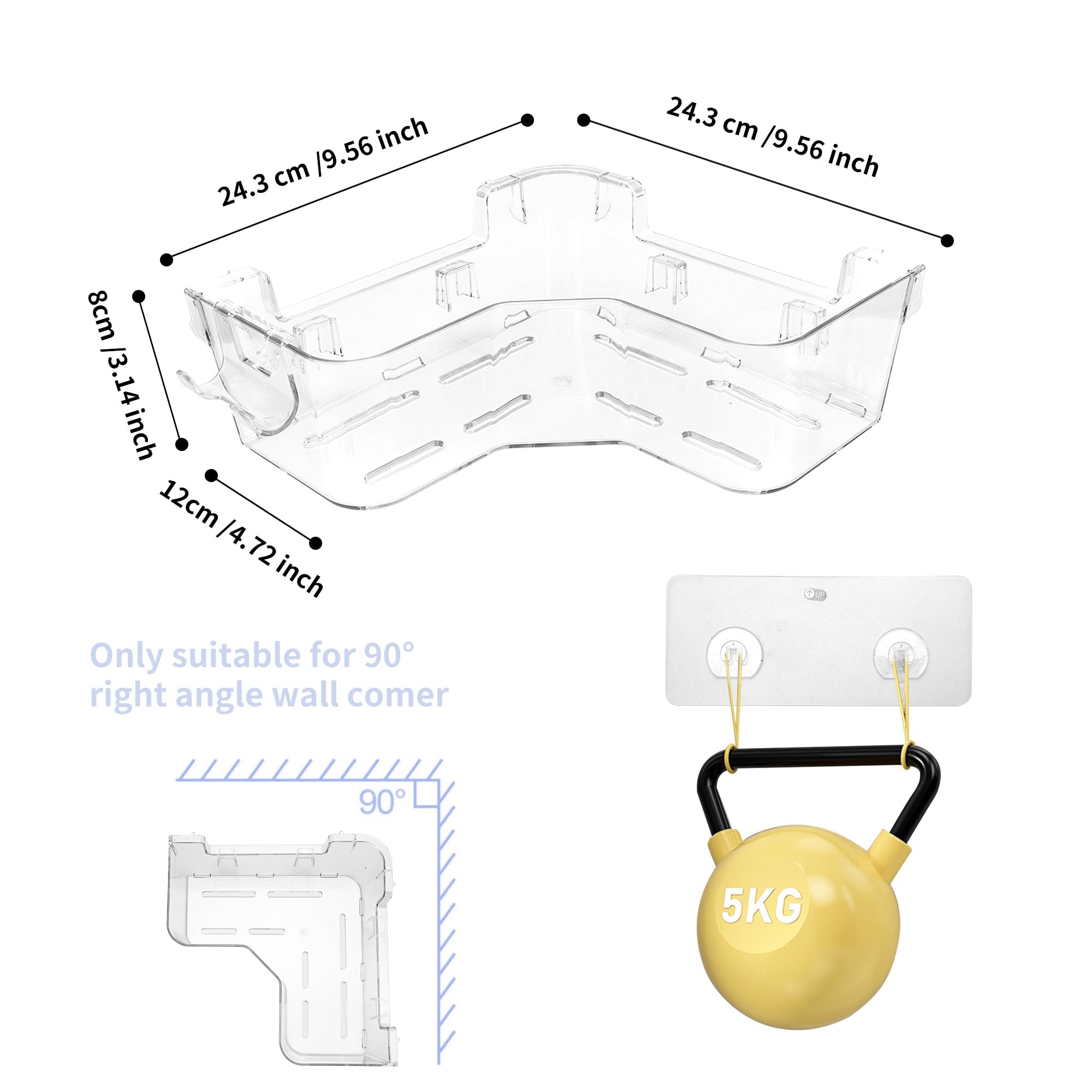 YEUIKERR 2 Pack Corner Shower Caddy Shelf Acrylic Clear Bathroom Corner Shower Organizer with Hook, Adhesive Wall Mounted Plastic Corner Shower Shelves for Bathtub, Dorm, Kitchen, No Drilling