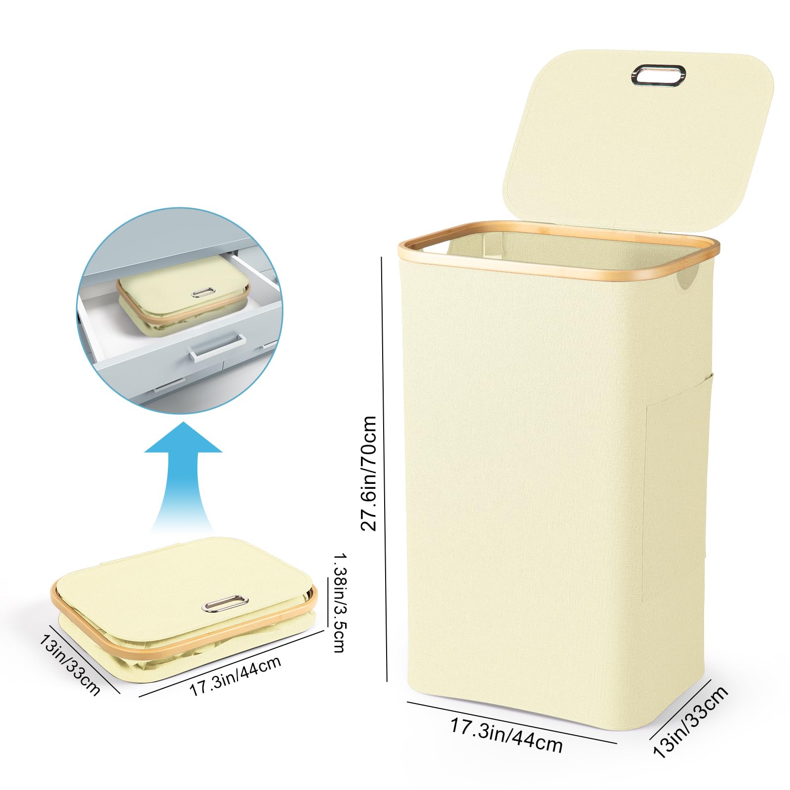 Laundry Basket, Zekeson 100L Collapsible Laundry Hamper with Removable Inner Bag for Clothes and Toys Storage in Bedroom Bathroom Children's Room (Beige)