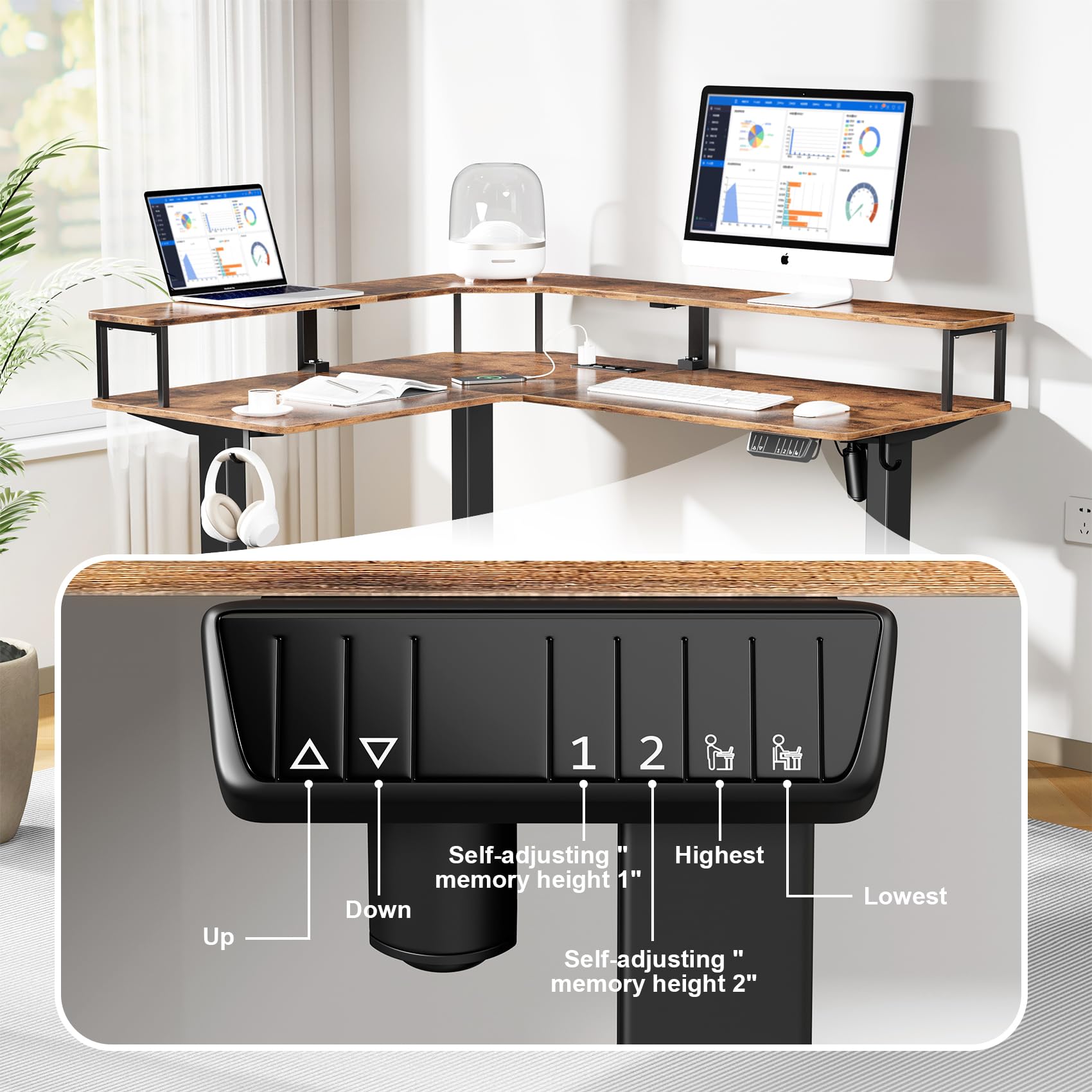 Mr IRONSTONE L Shaped Electric Standing Desk Height Adjustable Sit Stand Desk with LED Light and Power Outlet, 55" Computer Desk with Monitor Riser