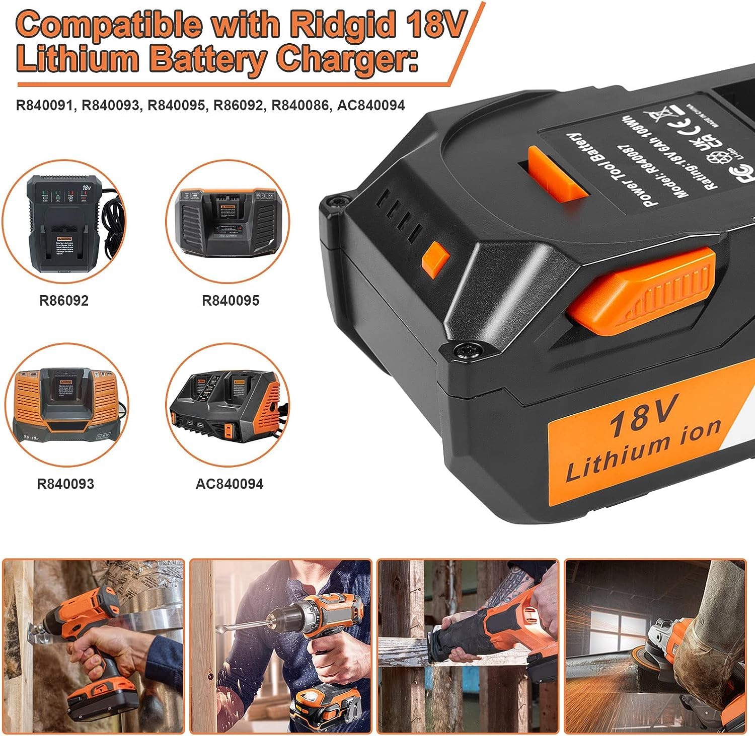 ARyee 18V 6000mAh Battery Replacement Compatible with RIDGID 18V Drill R840087 R840083 R840086 R840085 R840084 Cordless Tools Lithium Ion Battery, 2 Pack