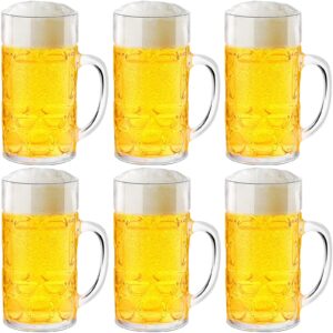 suclain 6 pcs clear plastic beer mugs with handles 34 oz large dimpled beer cups clear plastic beer glasses reusable classic plastic coffee mugs with handles for beer whiskey juice coffee tea cocktail